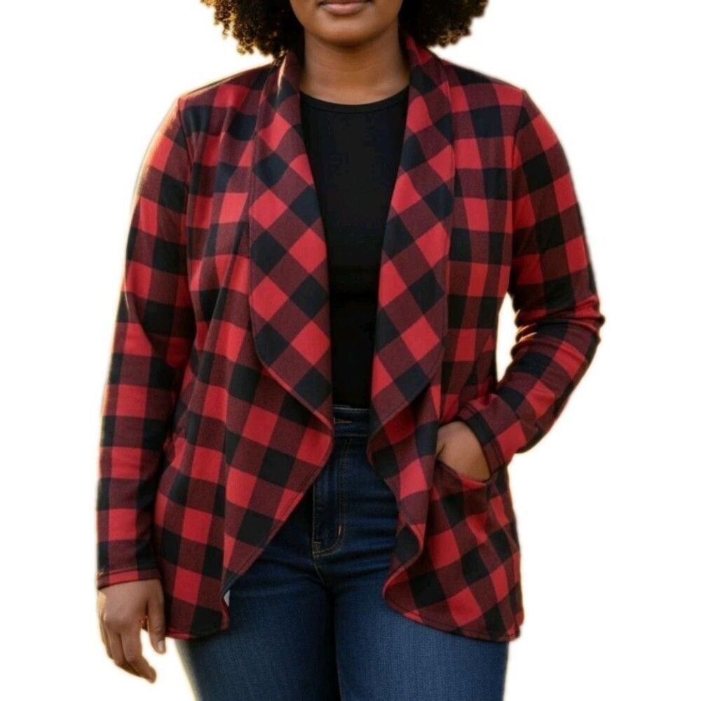 Heimish Usa Buffalo Plaid Open Front Cardigan Womens Size L Red Black Blazer